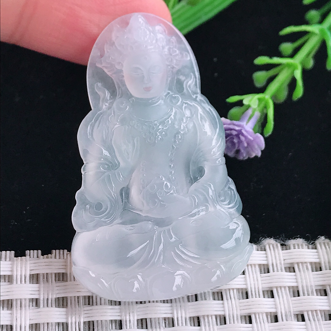实拍A货翡翠45.4/29/5.3老坑冰种起光白冰渡母菩萨吊坠翡翠挂件
