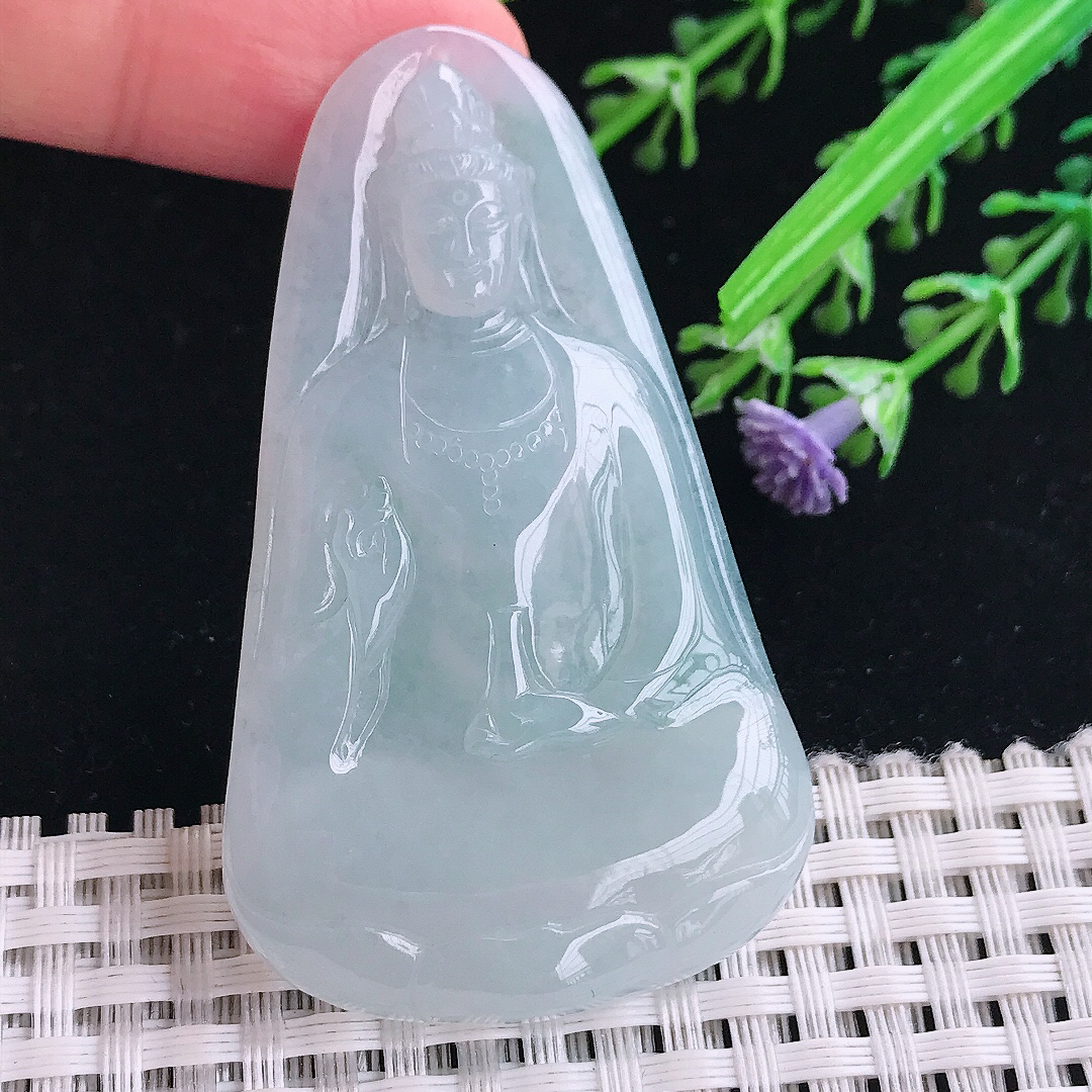 实拍A货翡翠60/35.5/5.8老坑冰胶水灵天空蓝素衣观音吊坠翡翠挂件