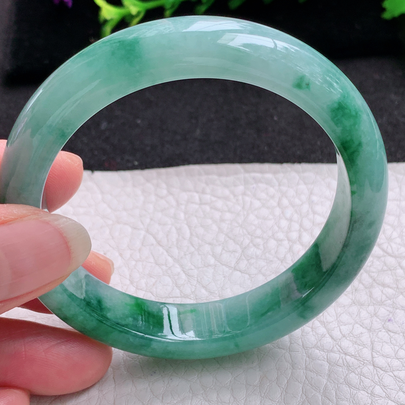 r实拍55*12.8*7.8平安镯 天然缅甸翡翠A货玉手镯飘花韵味宽边玉手环