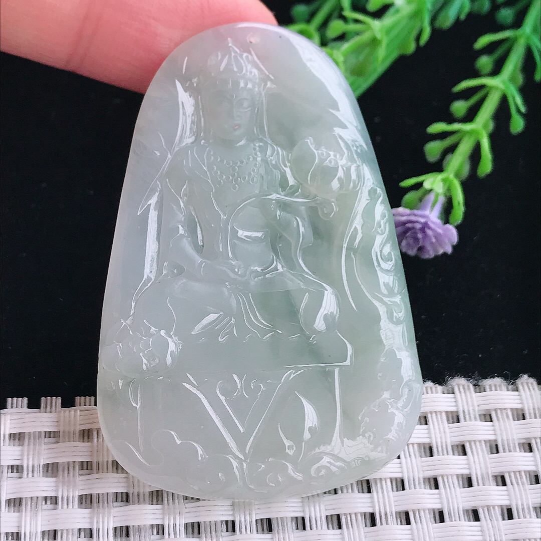 实拍A货翡翠56.8/38.8/4.8老坑冰胶持莲观音吊坠翡翠大势至菩萨挂件