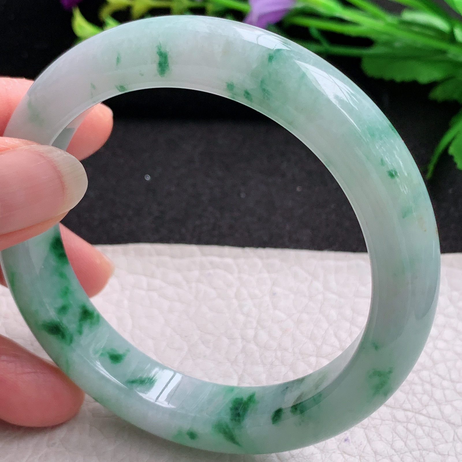 jl实拍58.5*12.5*9.5平安镯 天然缅甸翡翠A货玉手镯飘绿花宽边玉手环