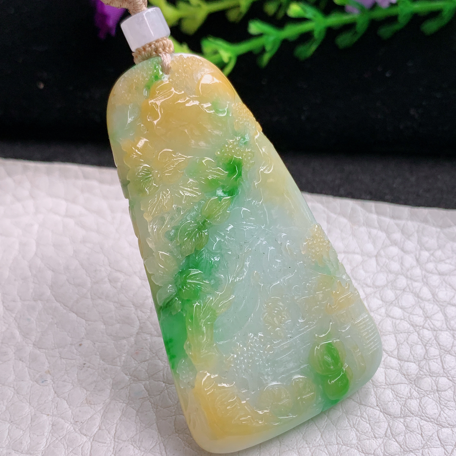 csy实拍56.3*32*6.3缅甸翡翠a货精雕三彩山水 大好河山玉吊坠 玉挂坠