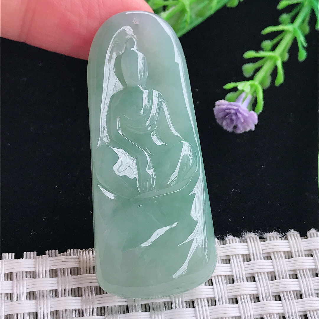 实拍A货翡翠53.8/23/6.3老坑冰胶果冻冰晴绿悟道佛吊坠翡翠挂件