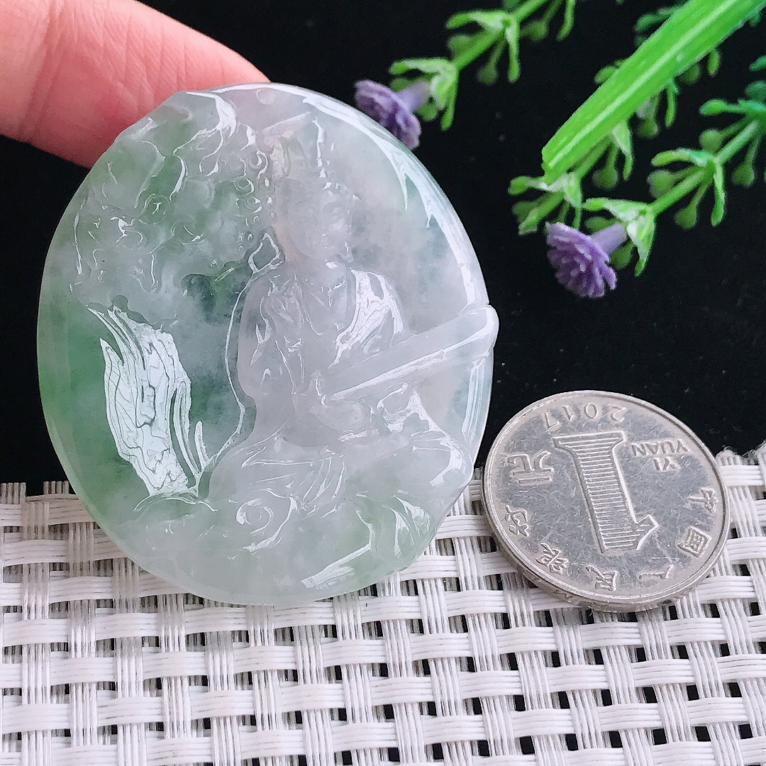 实拍A货翡翠50.5/44/5.5老坑冰润起胶飘花文殊菩萨吊坠翡翠挂件