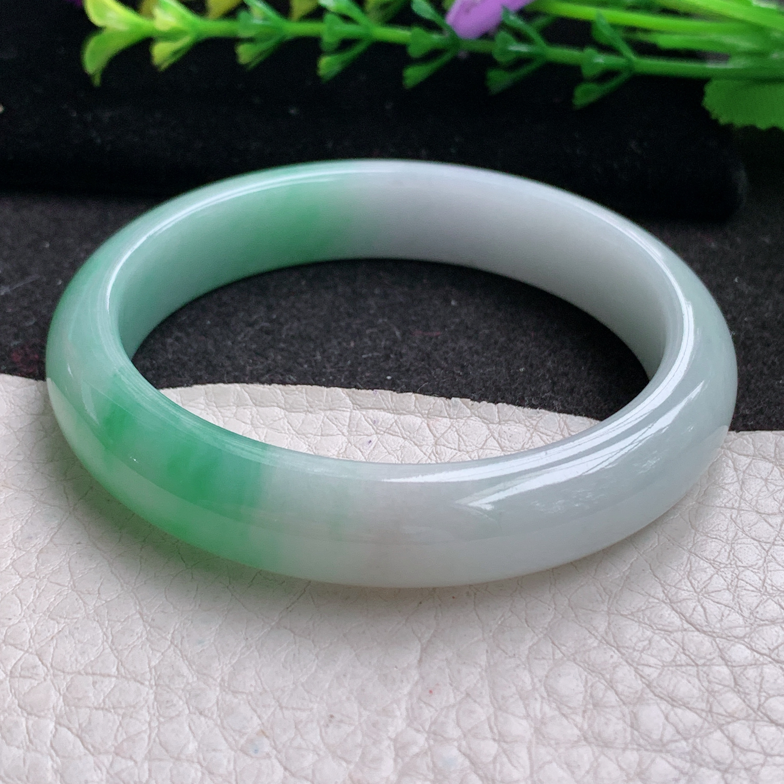 yw实拍53*11.2*7.8招财镯 天然缅甸翡翠A货玉手镯半山水宽边玉手环