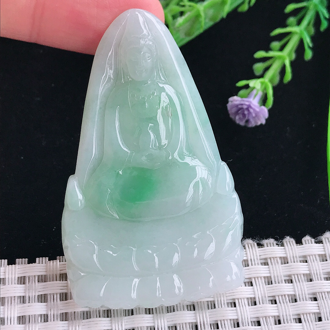 实拍A货翡翠58/36/5.2老坑冰润飘阳绿观音菩萨吊坠翡翠挂件