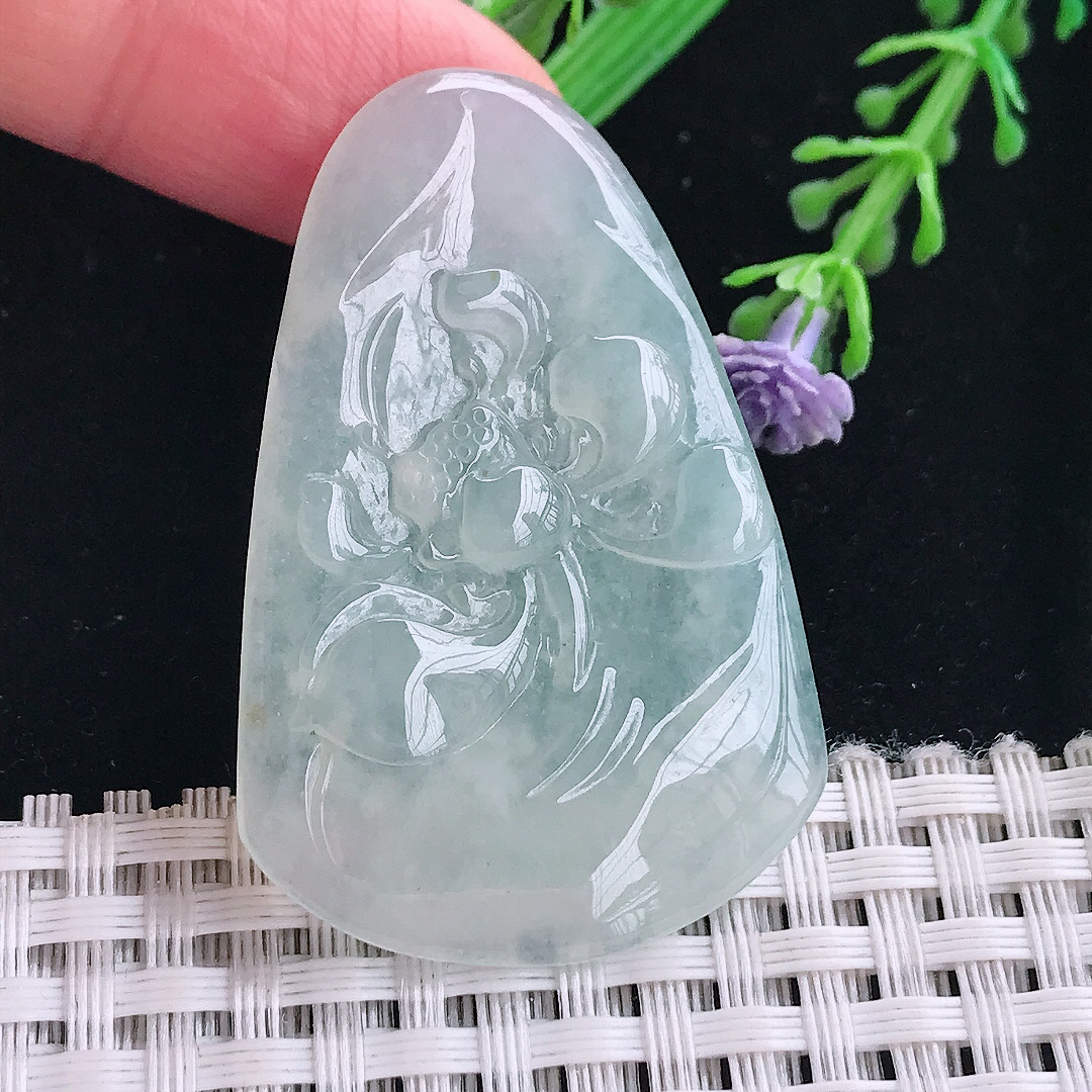 实拍A货翡翠47.2/31/5.3老坑冰胶水灵冰晴一本清廉莲花吊坠翡翠挂件