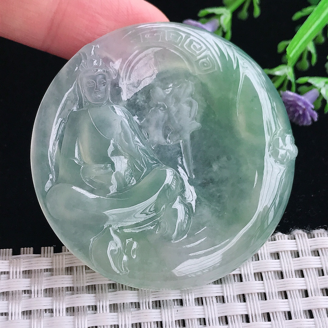 实拍A货翡翠52.6/5.5老坑冰胶果冻冰晴绿赐福观音吊坠翡翠挂件