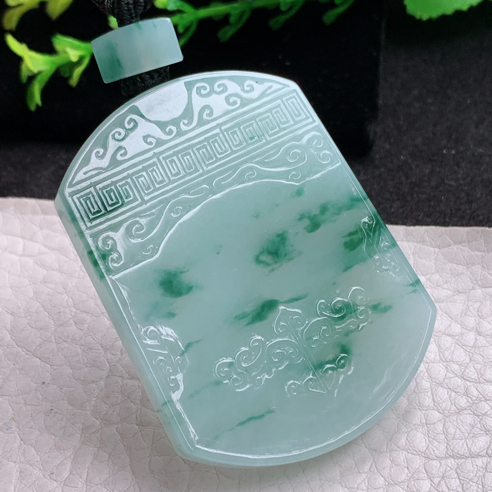 csy实拍56.3*32*6.3缅甸翡翠a货精雕冰飘花怀古雕无事牌玉吊坠 玉挂坠