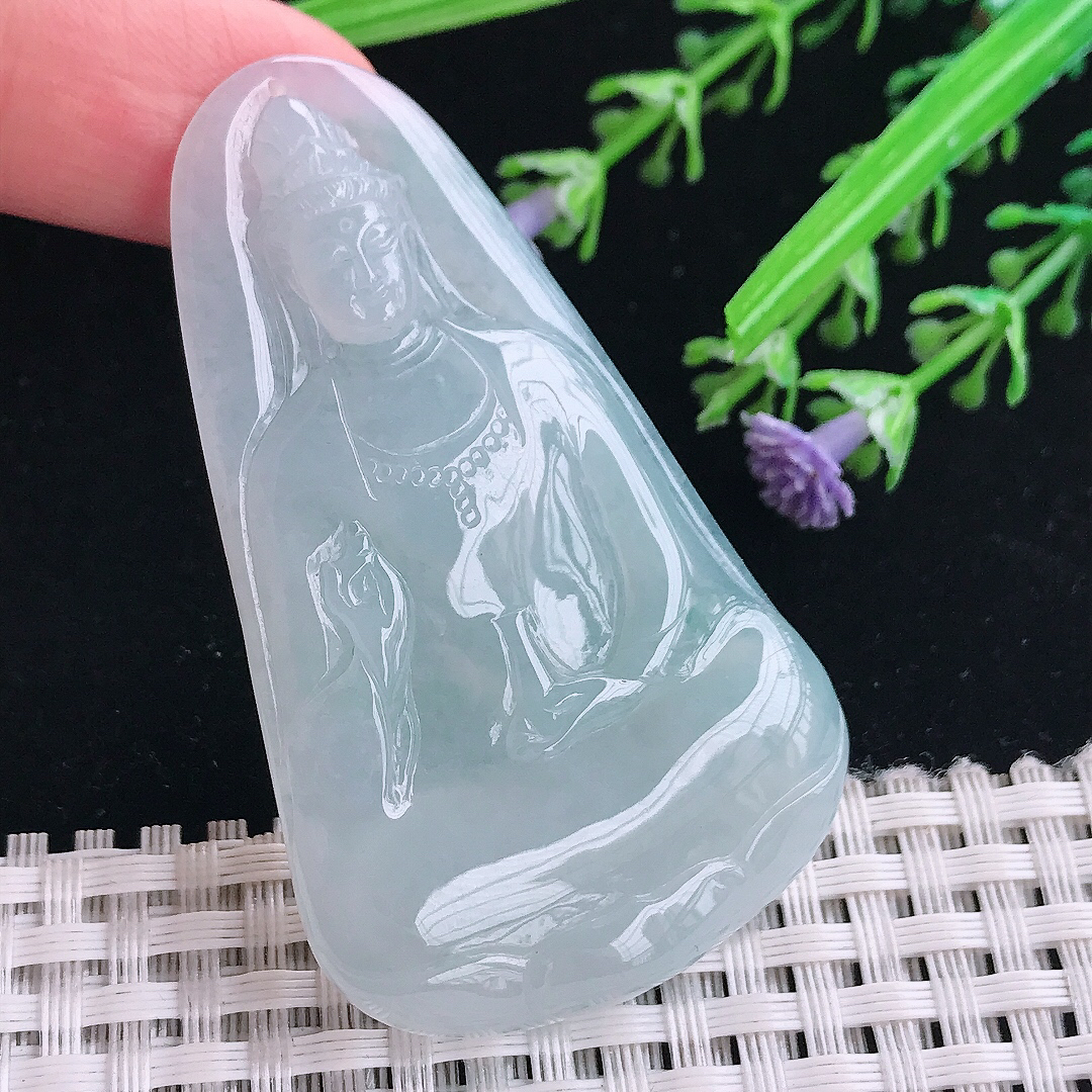 实拍A货翡翠60/35.5/5.8老坑冰胶水灵天空蓝素衣观音吊坠翡翠挂件