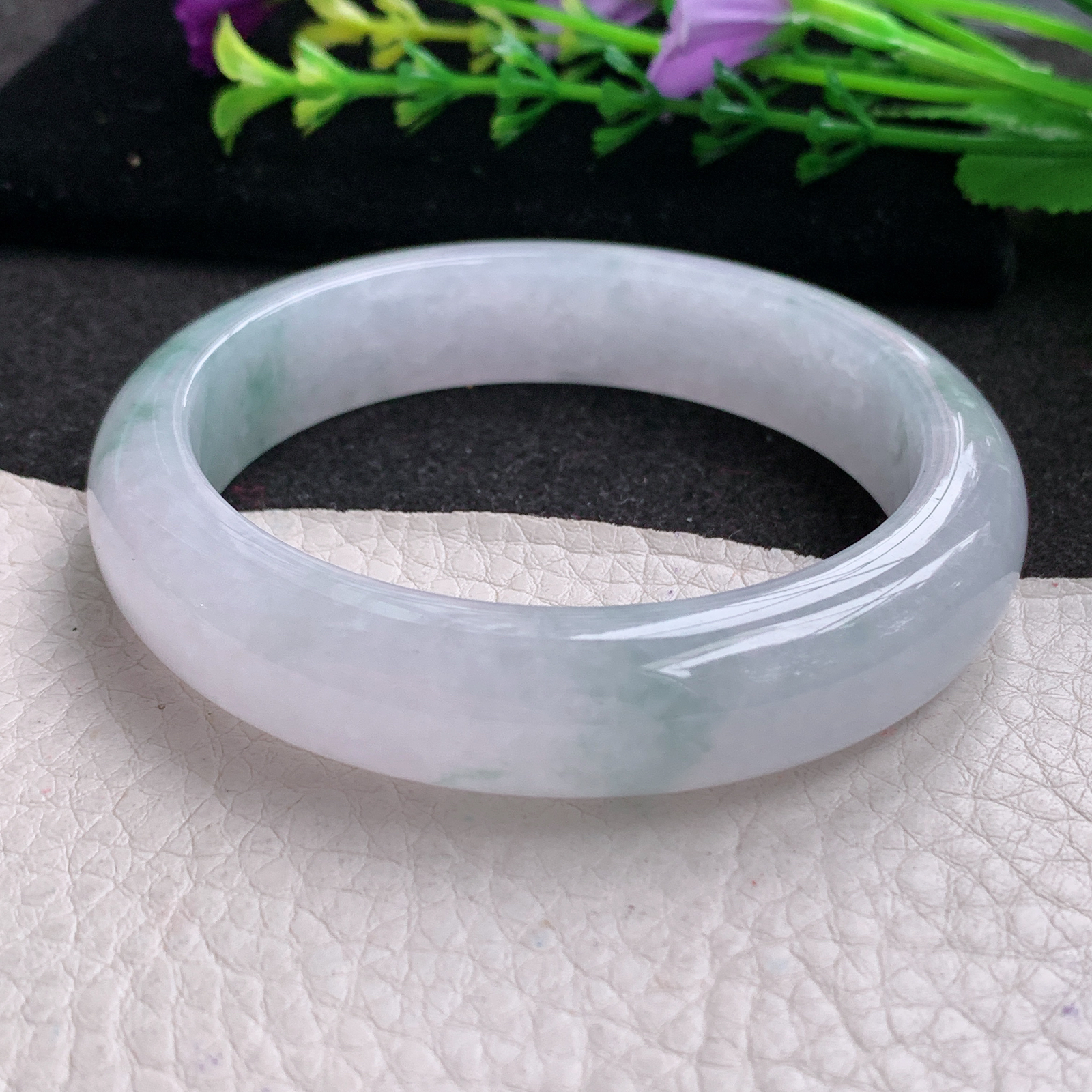 xo实拍56.8*13*8.2平安镯 天然缅甸翡翠A货玉手镯冰胶飘花宽边玉手环