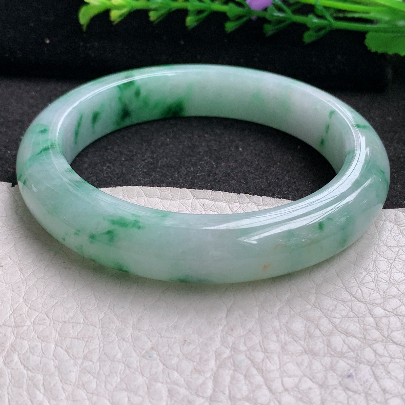 jl实拍58.5*12.5*9.5平安镯 天然缅甸翡翠A货玉手镯飘绿花宽边玉手环