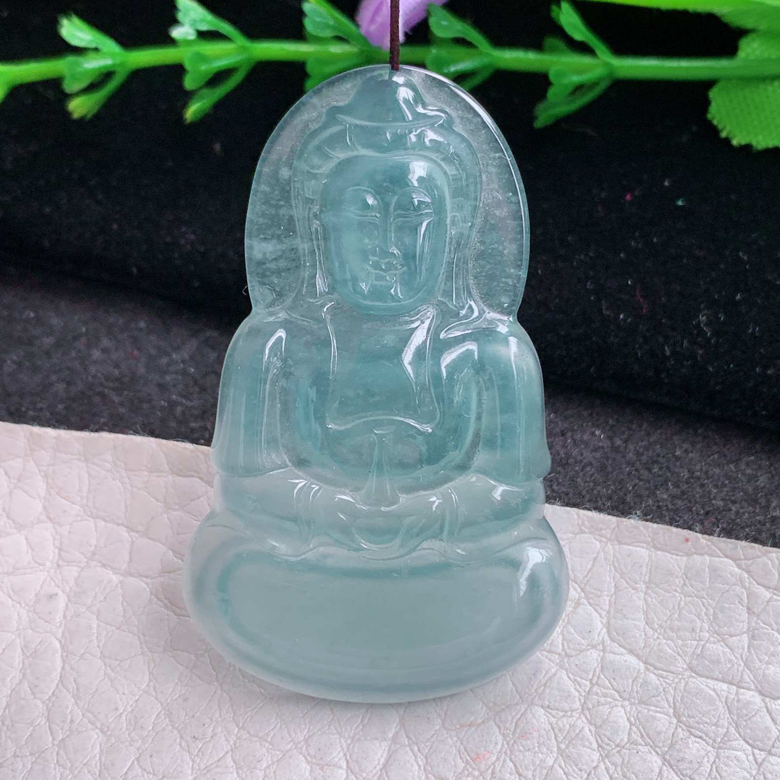 gp实拍47*29*4翡翠a货精雕冰蓝正观音 玉观音玉吊坠 玉挂坠