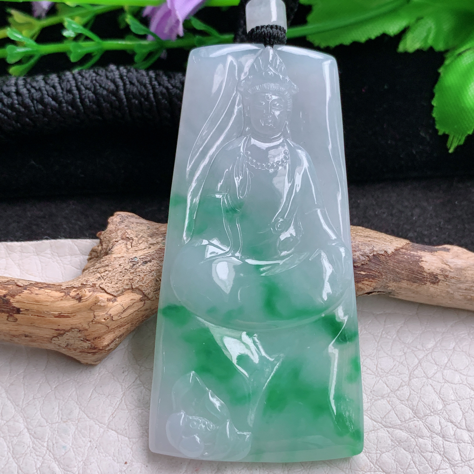 csy实拍62.3*31*5.2缅甸翡翠a货精雕飘绿赐福观音 玉观音玉吊坠 玉挂坠