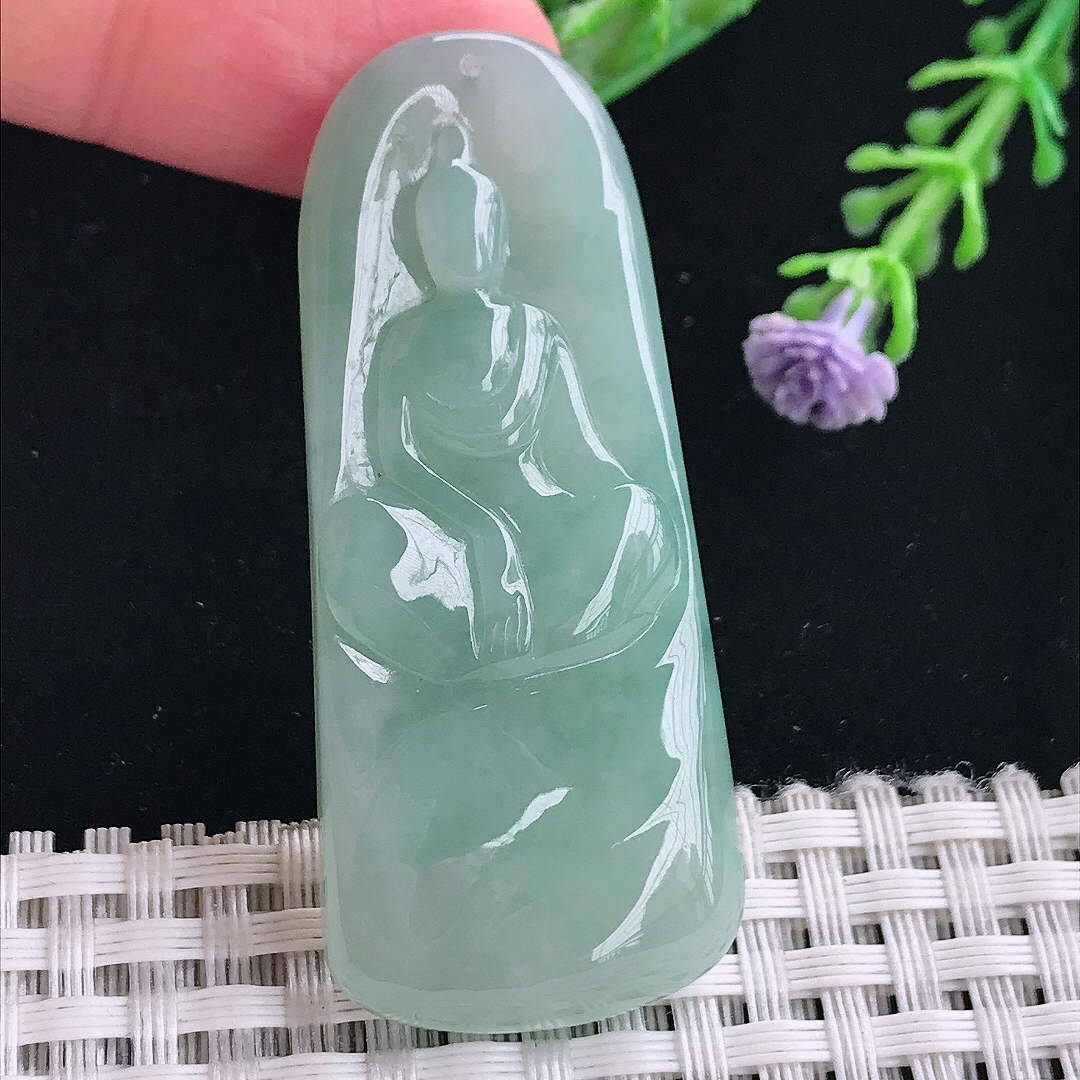 实拍A货翡翠53.8/23/6.3老坑冰胶果冻冰晴绿悟道佛吊坠翡翠挂件