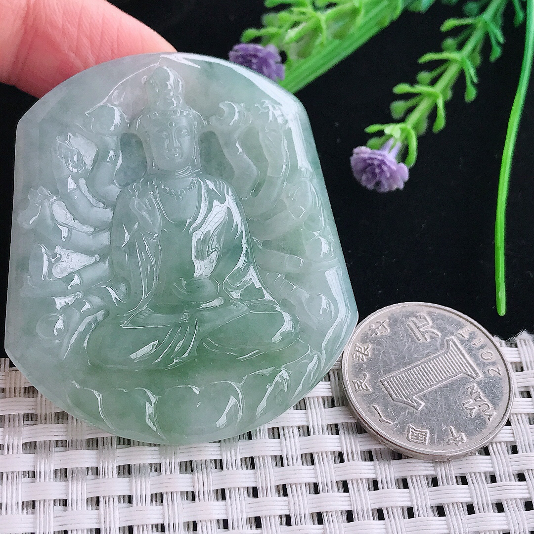 实拍A货翡翠54.8/48.8/5.4老坑冰润起胶晴底千手观音吊坠翡翠挂件