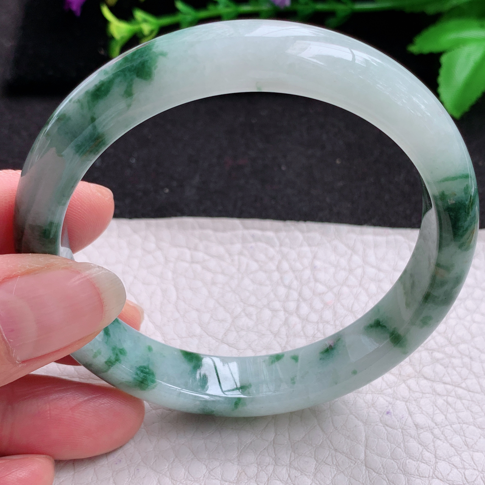 ll实拍59*12.4*8平安镯 天然缅甸翡翠A货玉手镯冰飘花宽边玉手环