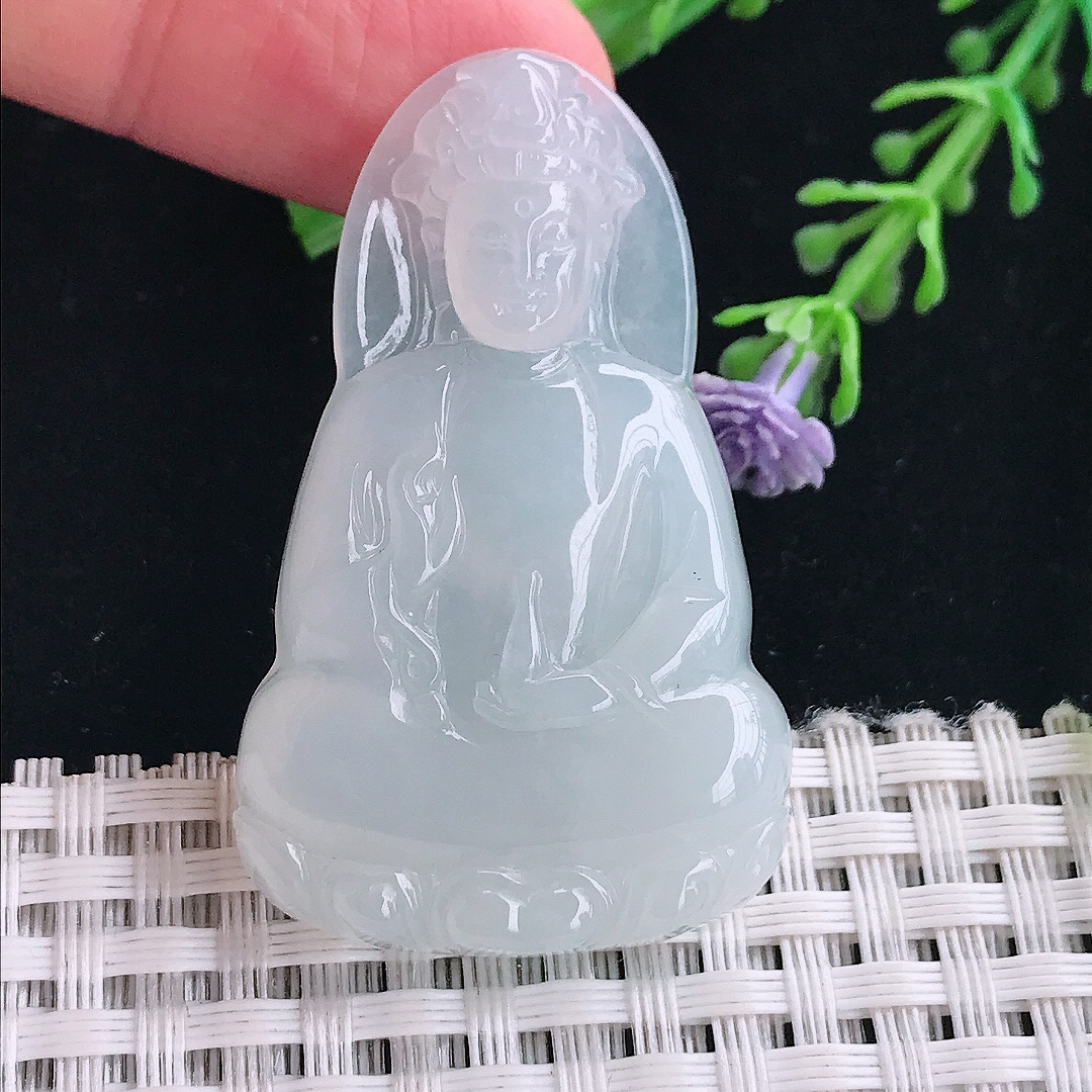 实拍A货翡翠46.4/28.8/6.2老坑冰胶水灵白冰素衣观音吊坠翡翠挂件