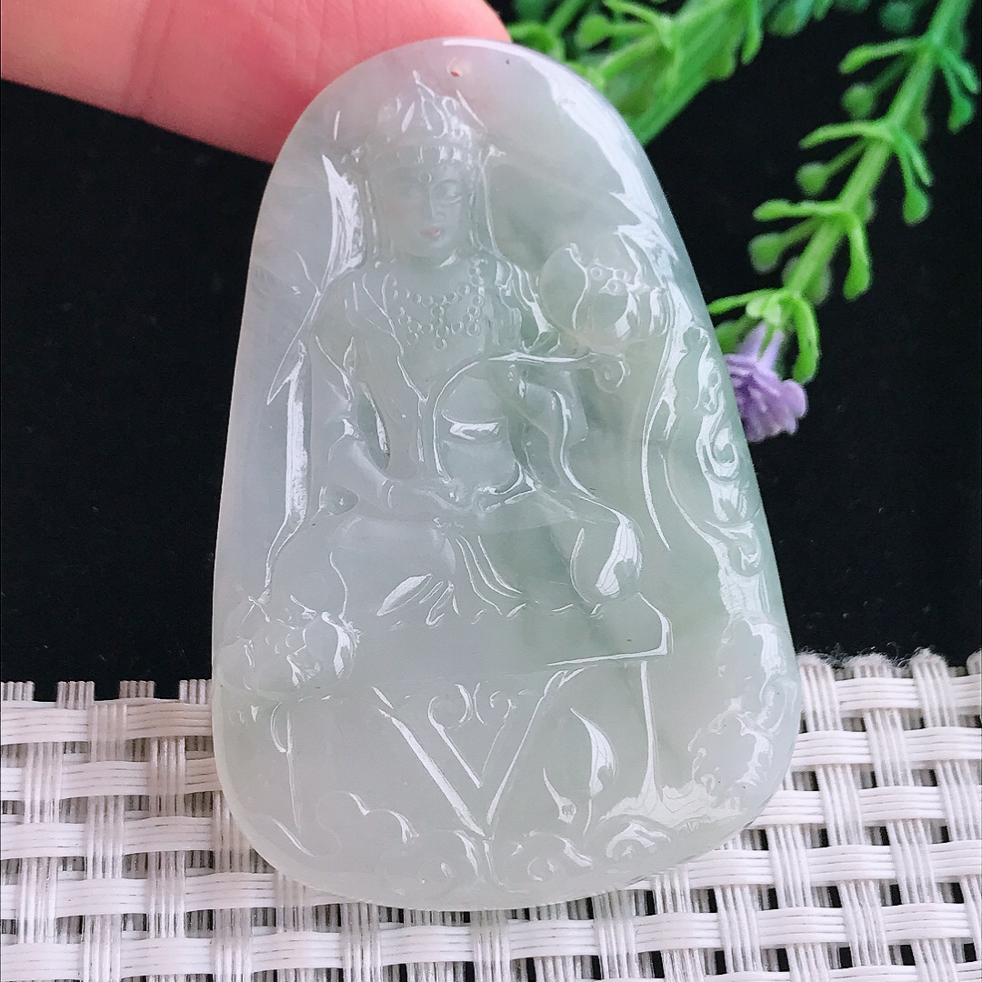 实拍A货翡翠56.8/38.8/4.8老坑冰胶持莲观音吊坠翡翠大势至菩萨挂件