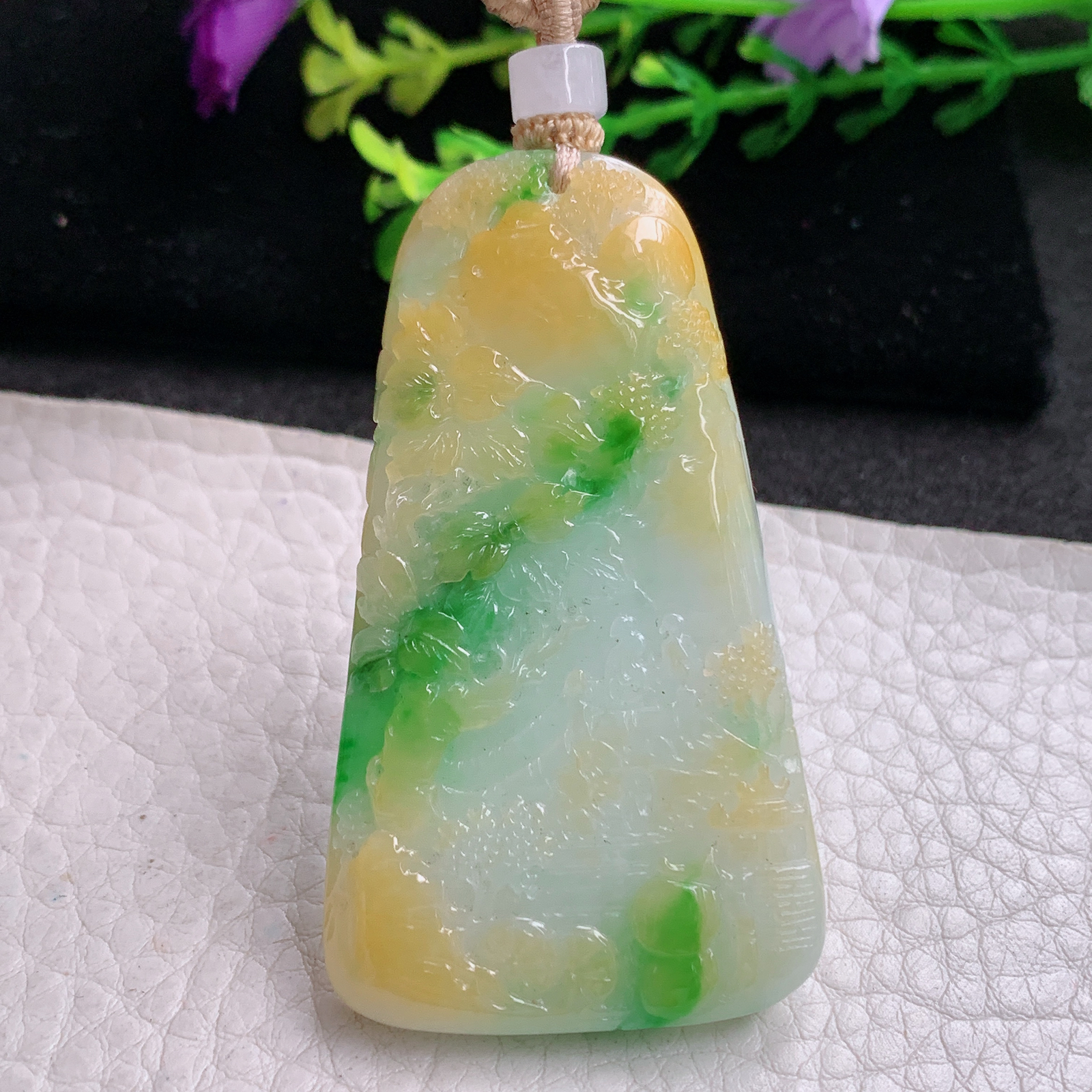 csy实拍56.3*32*6.3缅甸翡翠a货精雕三彩山水 大好河山玉吊坠 玉挂坠