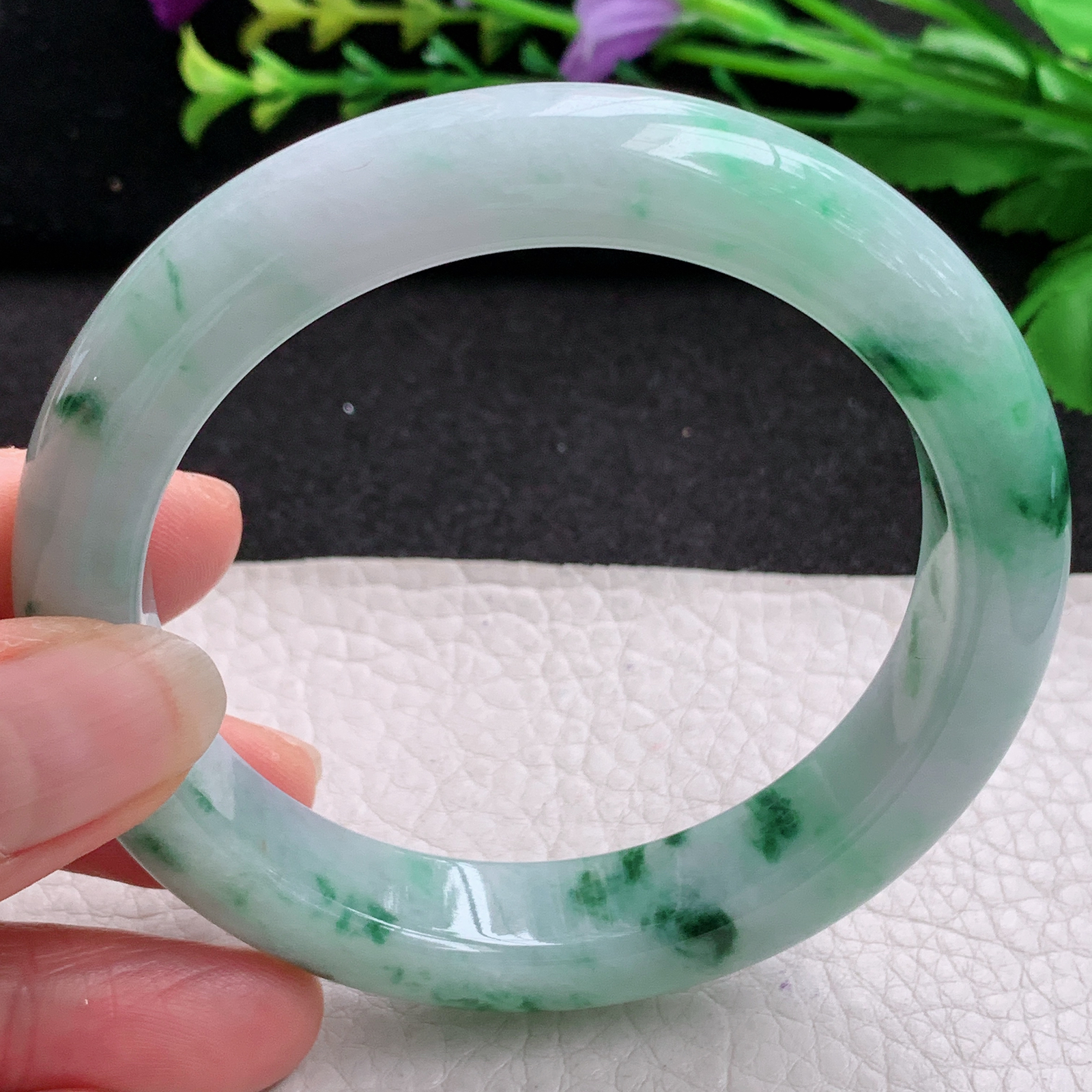 jl实拍58.5*12.5*9.5平安镯 天然缅甸翡翠A货玉手镯飘绿花宽边玉手环