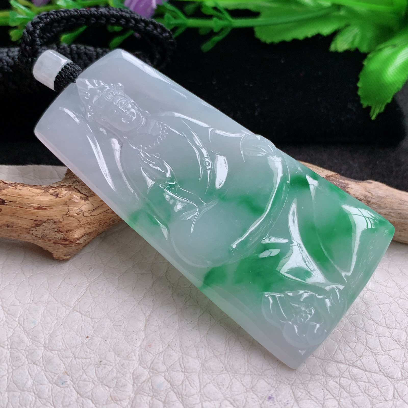 csy实拍62.3*31*5.2缅甸翡翠a货精雕飘绿赐福观音 玉观音玉吊坠 玉挂坠