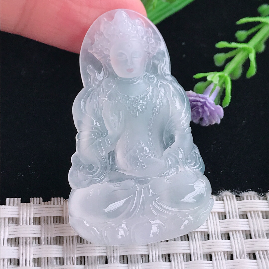 实拍A货翡翠45.4/29/5.3老坑冰种起光白冰渡母菩萨吊坠翡翠挂件