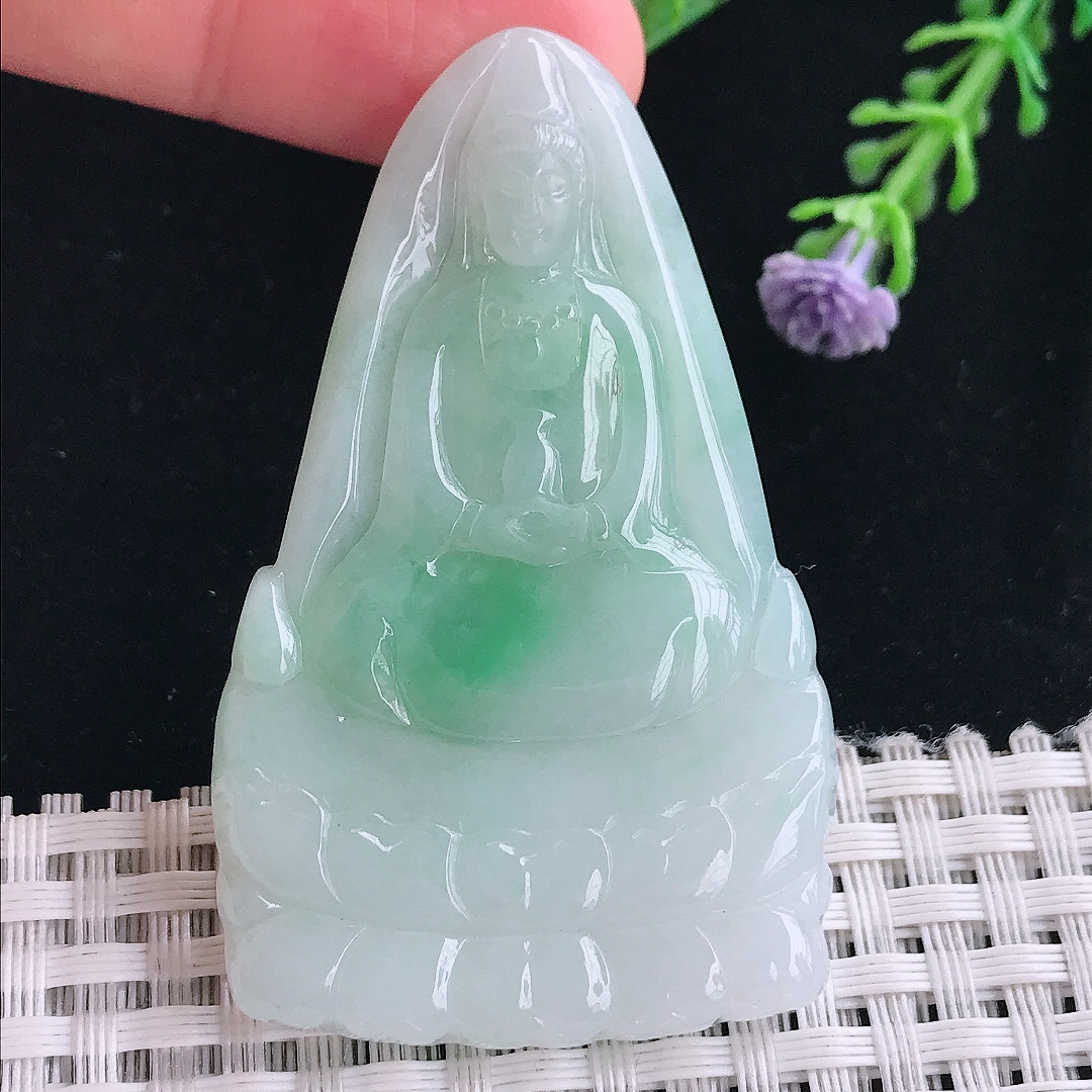 实拍A货翡翠58/36/5.2老坑冰润飘阳绿观音菩萨吊坠翡翠挂件