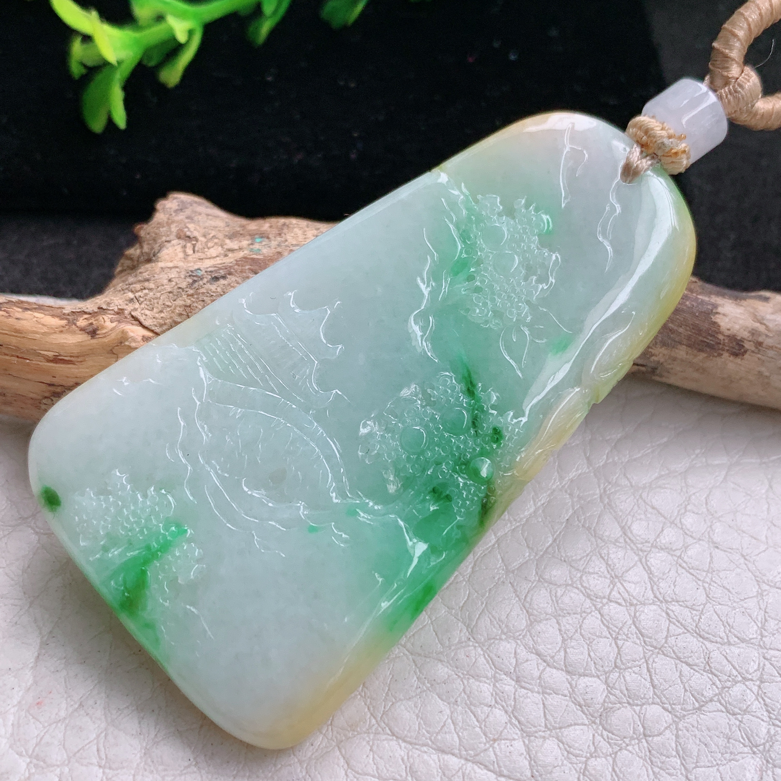 csy实拍56.3*32*6.3缅甸翡翠a货精雕三彩山水 大好河山玉吊坠 玉挂坠