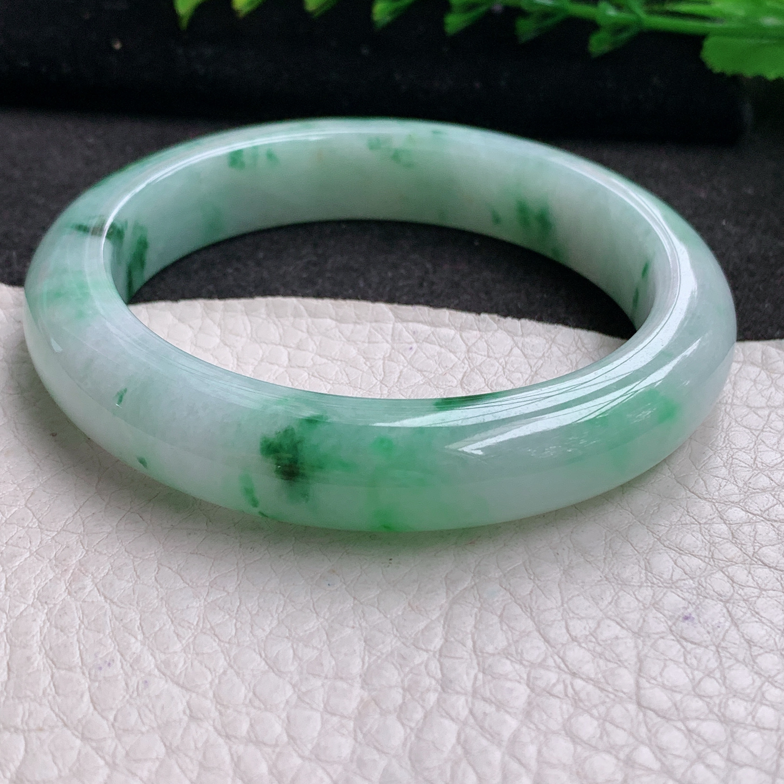 jl实拍58.5*12.5*9.5平安镯 天然缅甸翡翠A货玉手镯飘绿花宽边玉手环