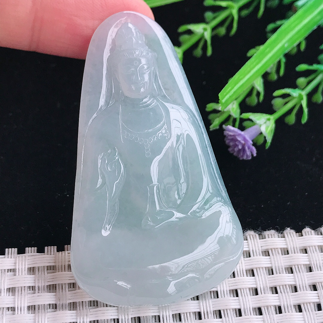 实拍A货翡翠60/35.5/5.8老坑冰胶水灵天空蓝素衣观音吊坠翡翠挂件