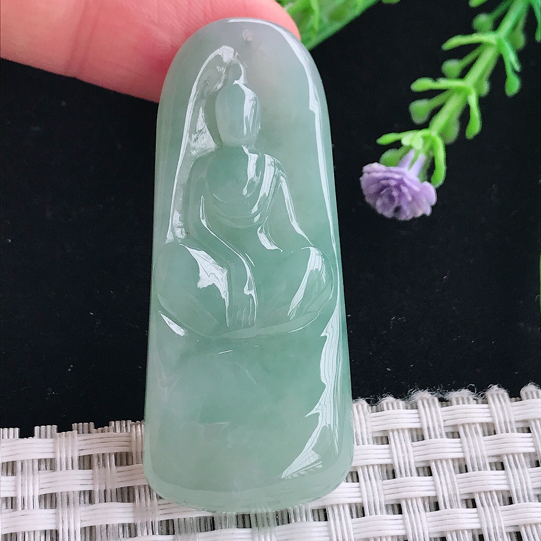 实拍A货翡翠53.8/23/6.3老坑冰胶果冻冰晴绿悟道佛吊坠翡翠挂件