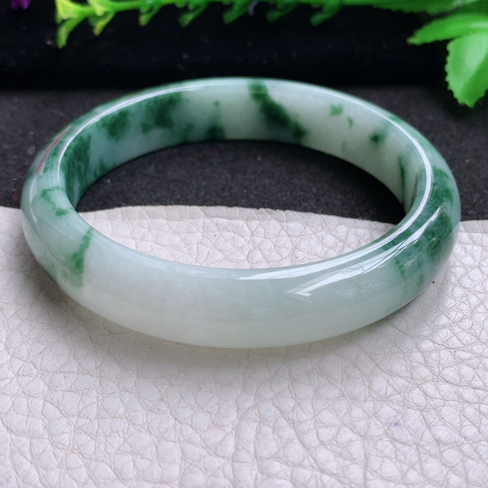 ll实拍59*12.4*8平安镯 天然缅甸翡翠A货玉手镯冰飘花宽边玉手环