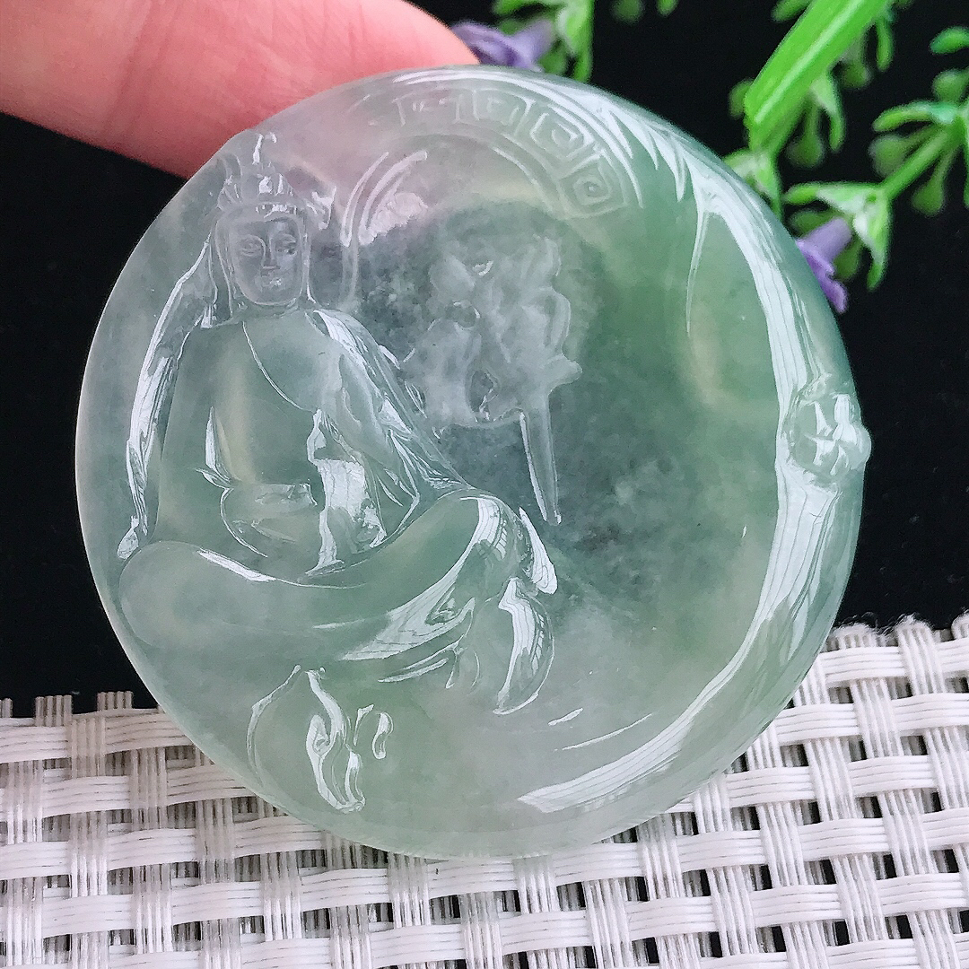 实拍A货翡翠52.6/5.5老坑冰胶果冻冰晴绿赐福观音吊坠翡翠挂件