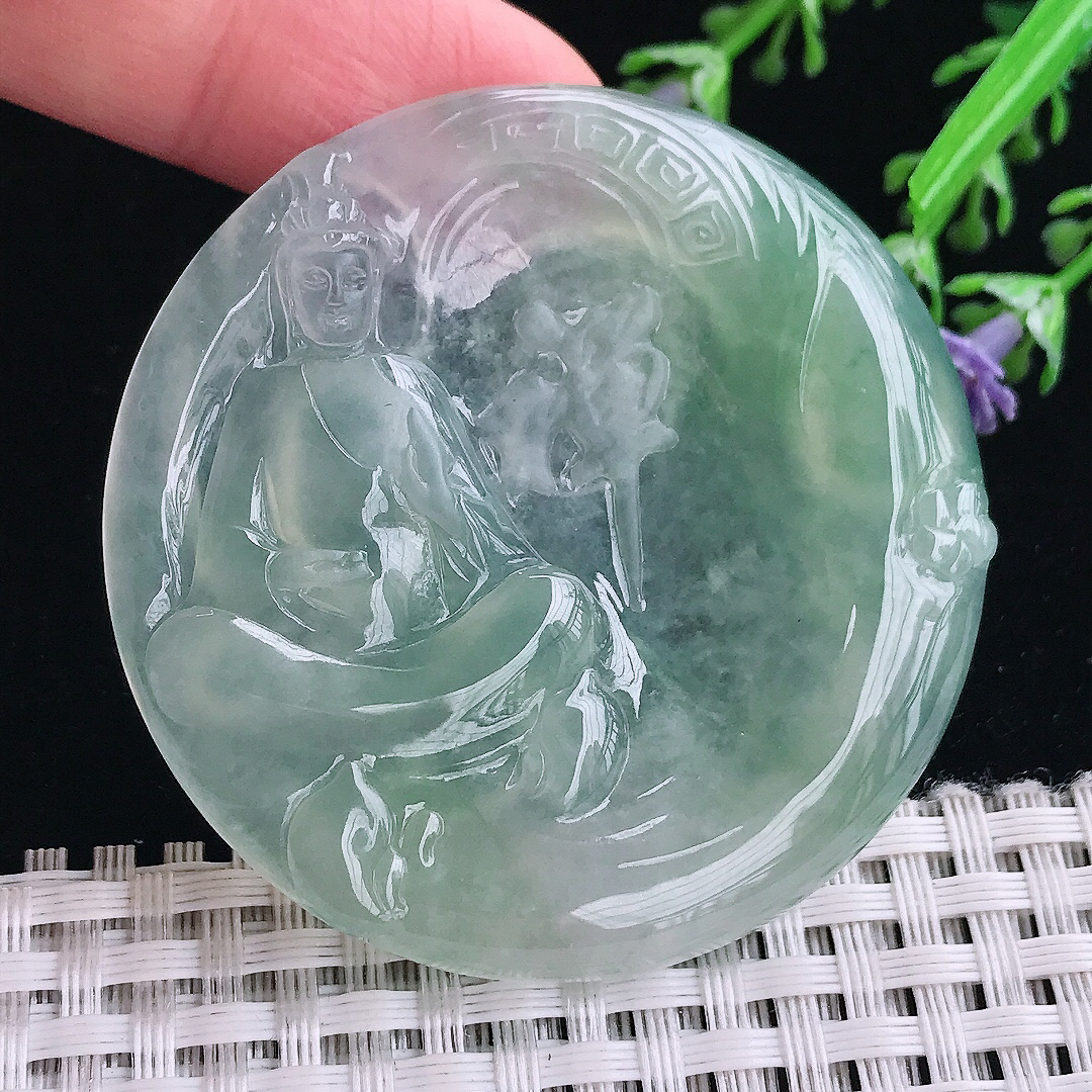 实拍A货翡翠52.6/5.5老坑冰胶果冻冰晴绿赐福观音吊坠翡翠挂件