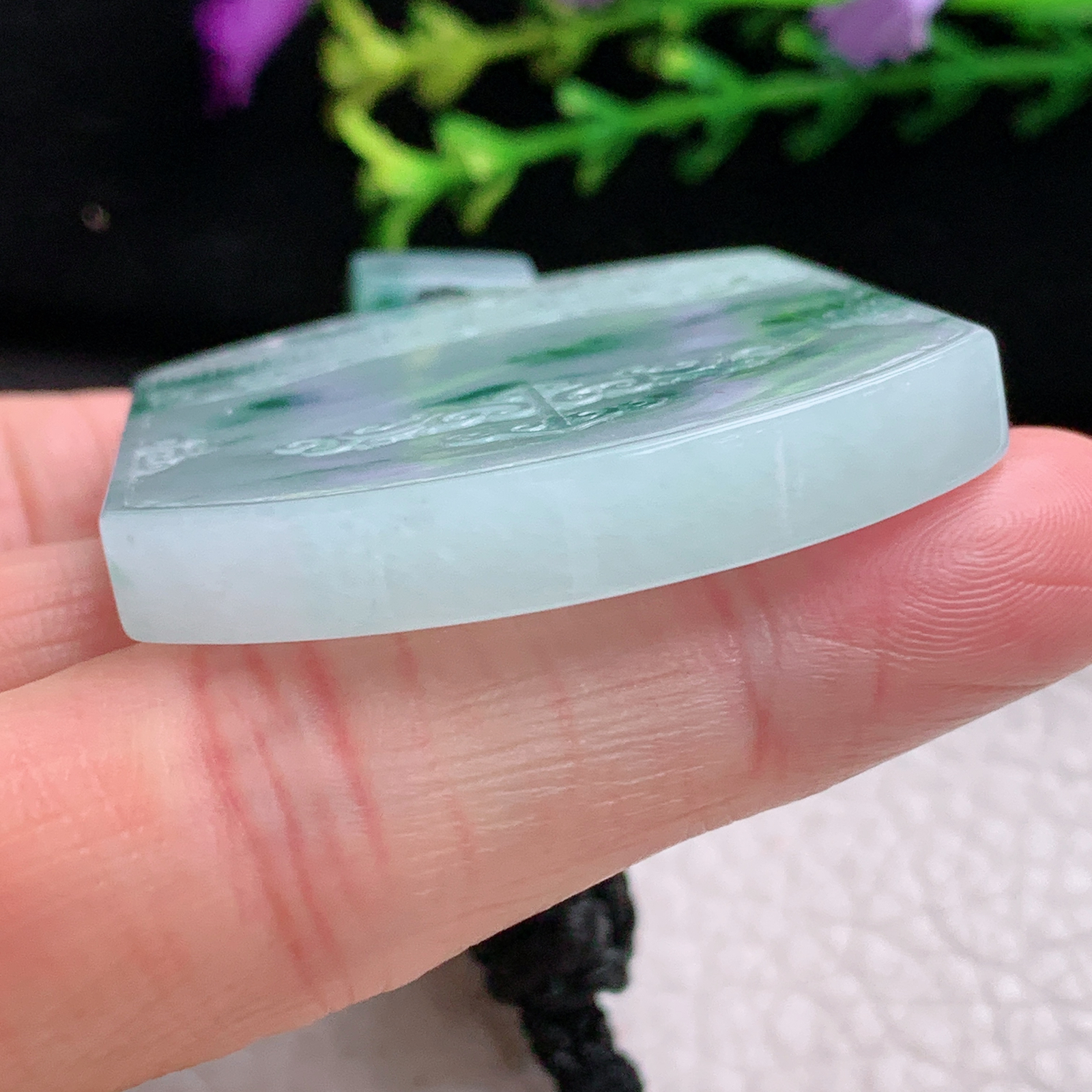 csy实拍56.3*32*6.3缅甸翡翠a货精雕冰飘花怀古雕无事牌玉吊坠 玉挂坠