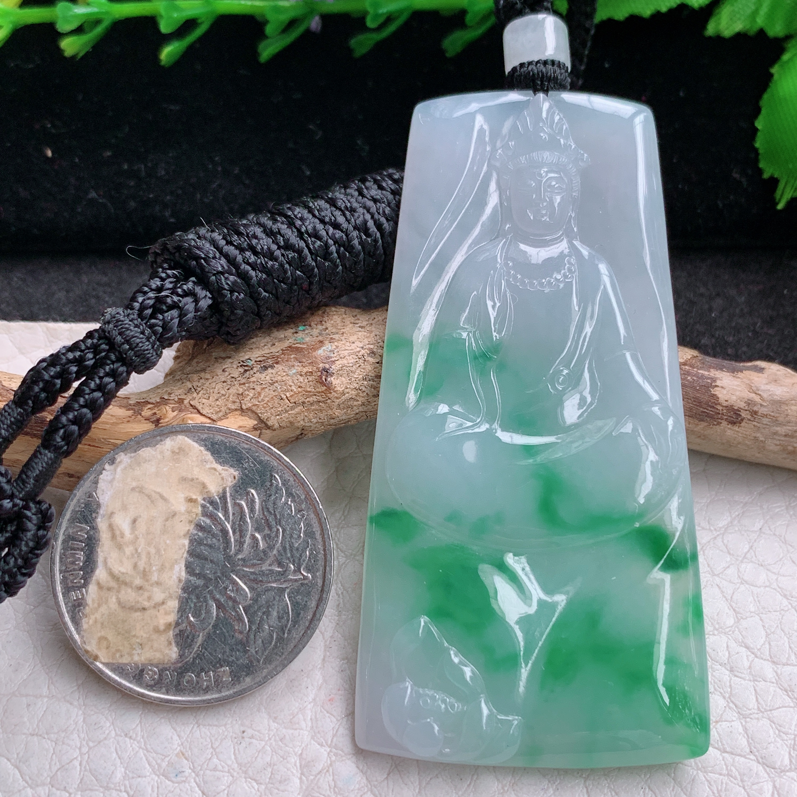 csy实拍62.3*31*5.2缅甸翡翠a货精雕飘绿赐福观音 玉观音玉吊坠 玉挂坠
