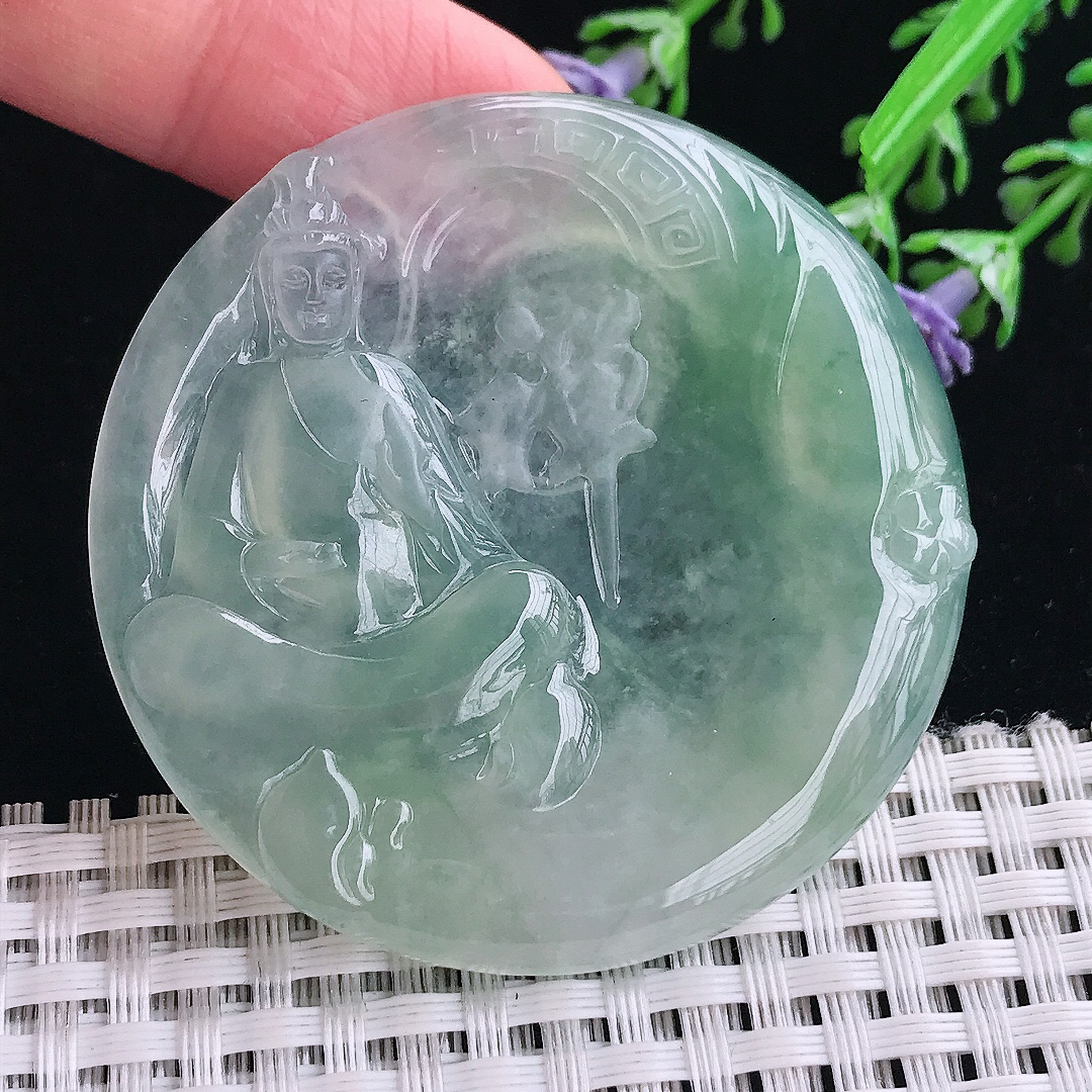 实拍A货翡翠52.6/5.5老坑冰胶果冻冰晴绿赐福观音吊坠翡翠挂件