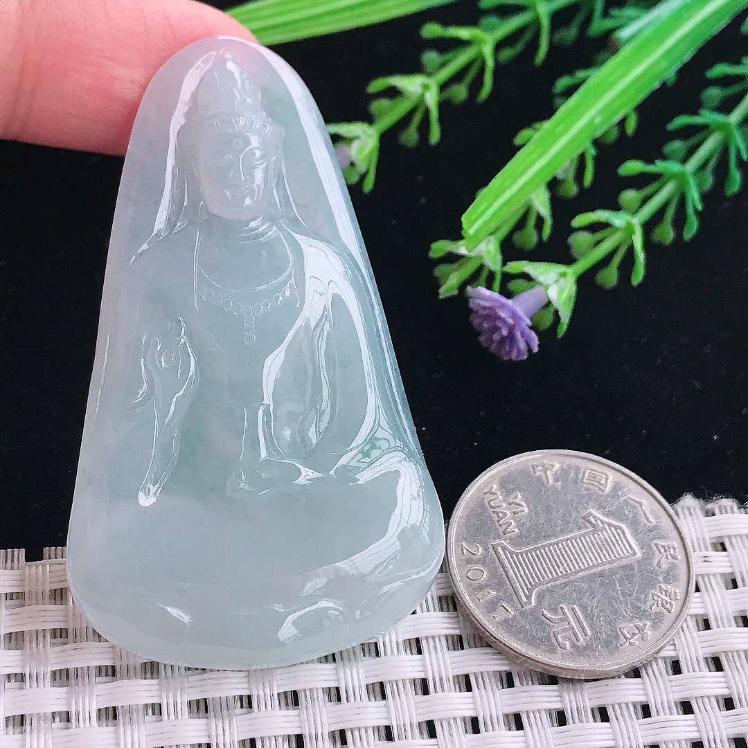 实拍A货翡翠60/35.5/5.8老坑冰胶水灵天空蓝素衣观音吊坠翡翠挂件