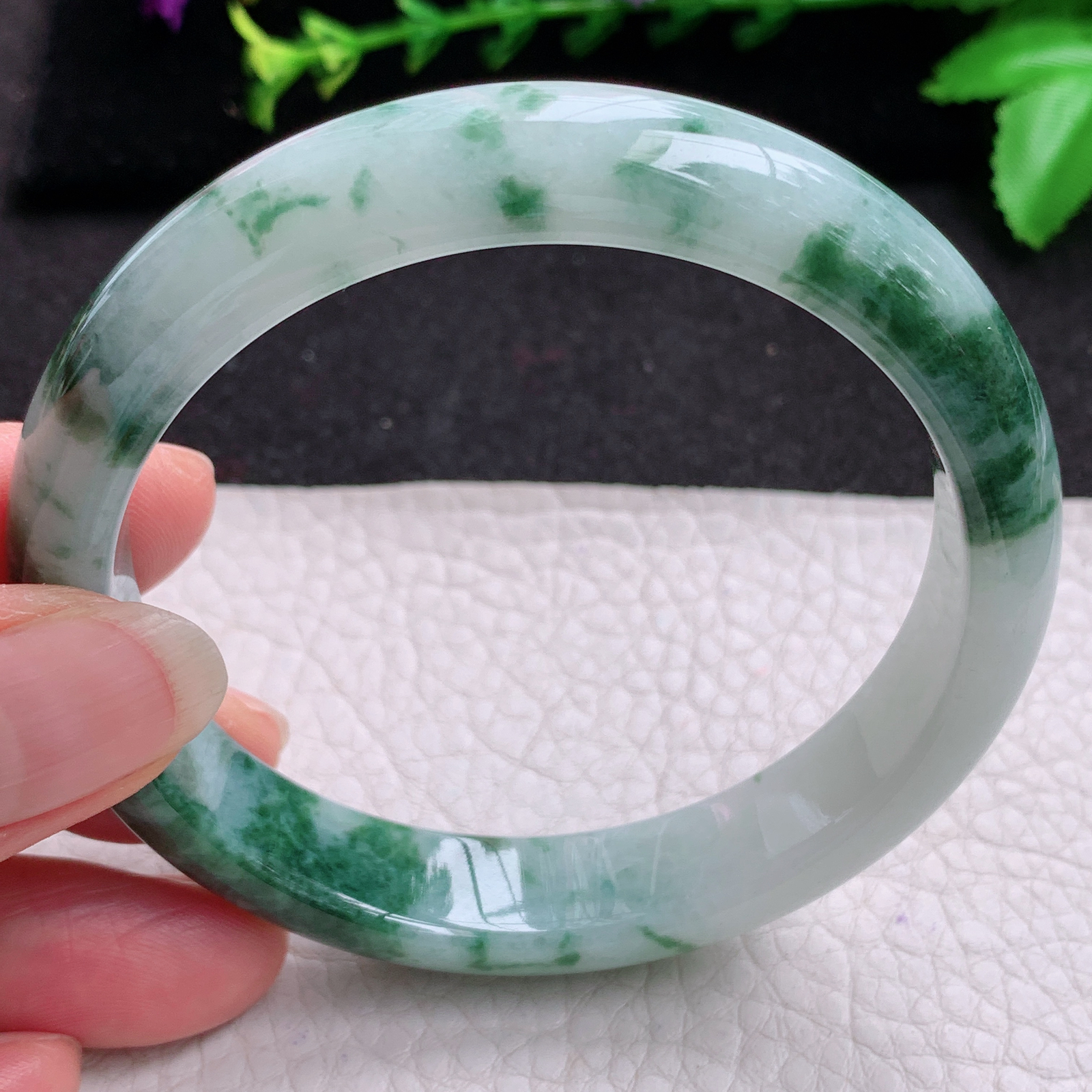 ll实拍59*12.4*8平安镯 天然缅甸翡翠A货玉手镯冰飘花宽边玉手环