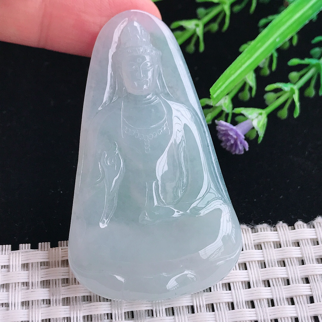 实拍A货翡翠60/35.5/5.8老坑冰胶水灵天空蓝素衣观音吊坠翡翠挂件
