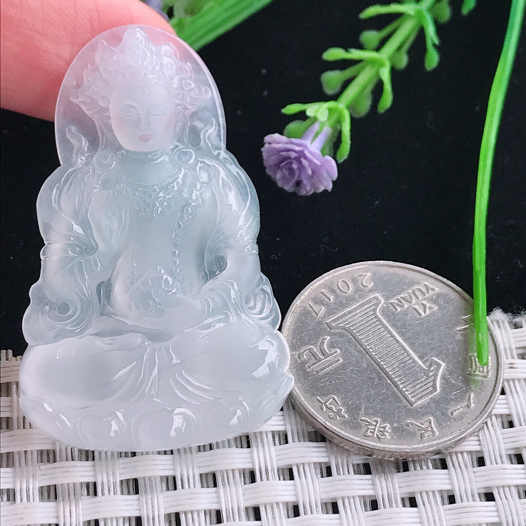 实拍A货翡翠45.4/29/5.3老坑冰种起光白冰渡母菩萨吊坠翡翠挂件