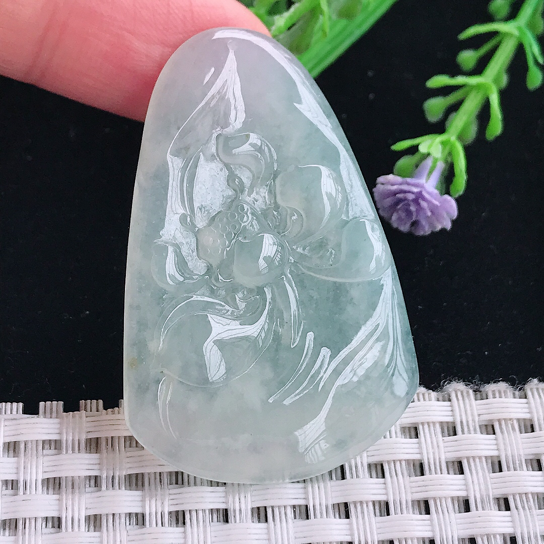 实拍A货翡翠47.2/31/5.3老坑冰胶水灵冰晴一本清廉莲花吊坠翡翠挂件