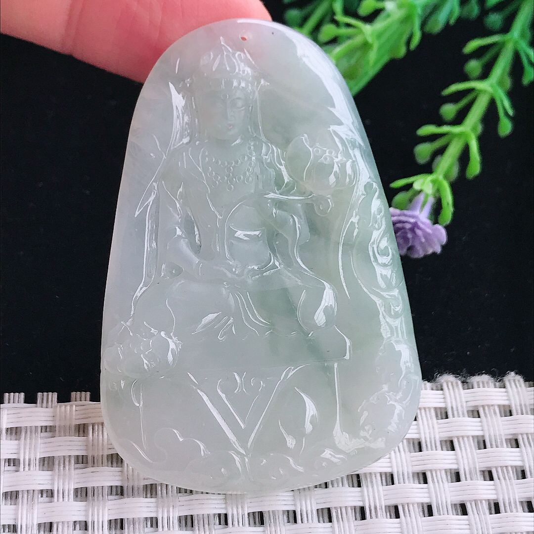实拍A货翡翠56.8/38.8/4.8老坑冰胶持莲观音吊坠翡翠大势至菩萨挂件