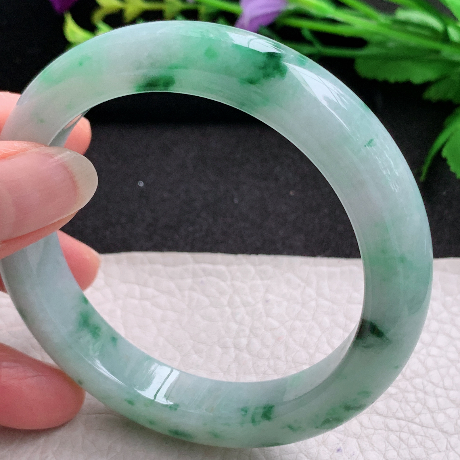 jl实拍58.5*12.5*9.5平安镯 天然缅甸翡翠A货玉手镯飘绿花宽边玉手环