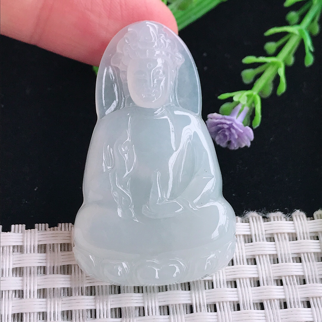 实拍A货翡翠46.4/28.8/6.2老坑冰胶水灵白冰素衣观音吊坠翡翠挂件