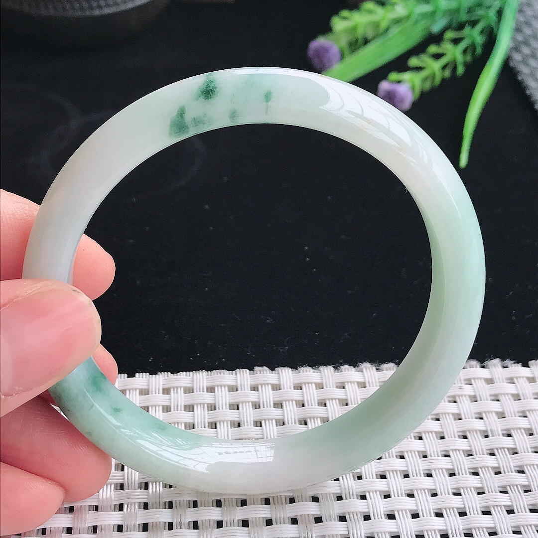 实拍天然翡翠58/10/7.8老坑冰润飘花手镯翡翠玉镯手环