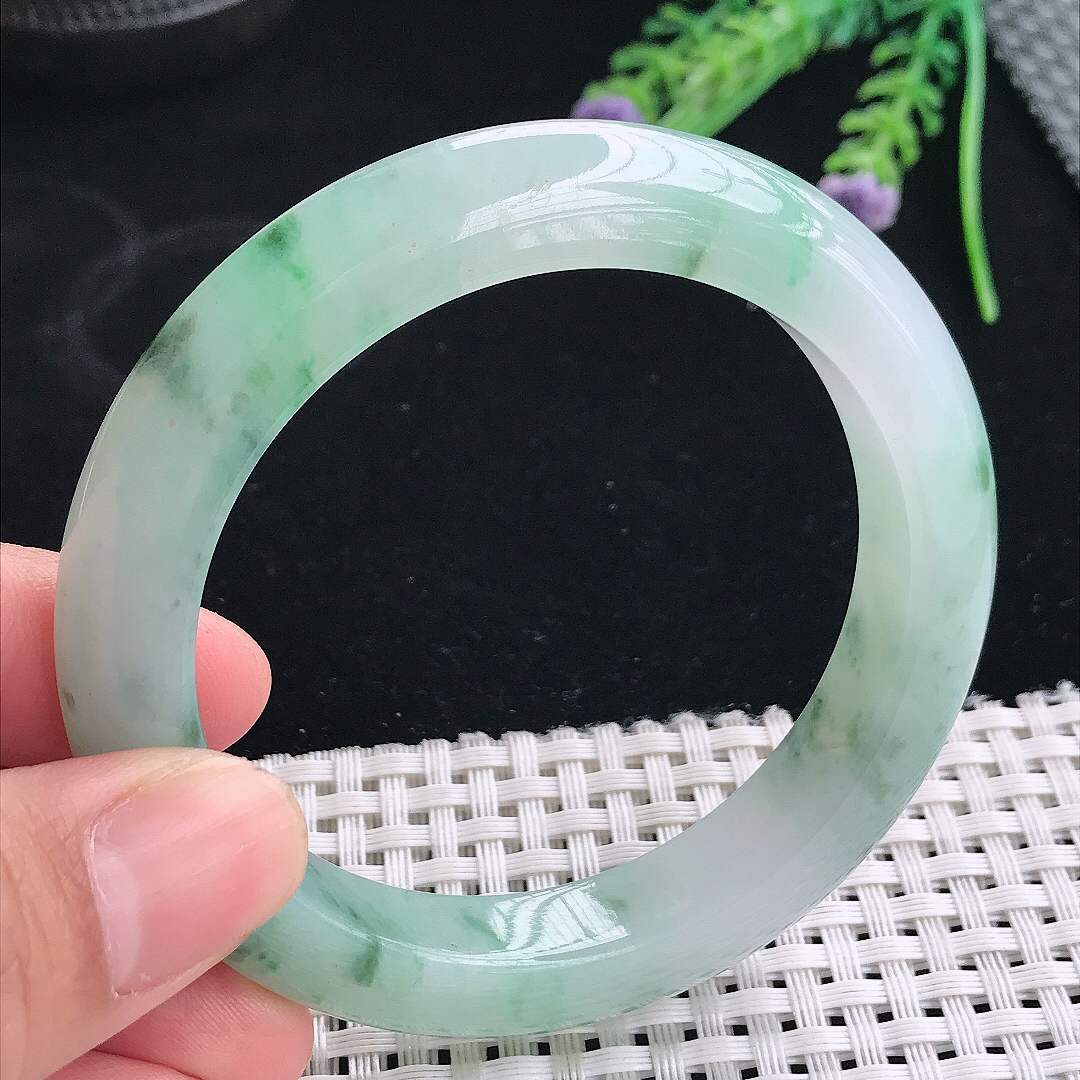 实拍天然翡翠56/10.8/9.5老坑冰胶果冻冰飘绿花手镯翡翠玉镯手环