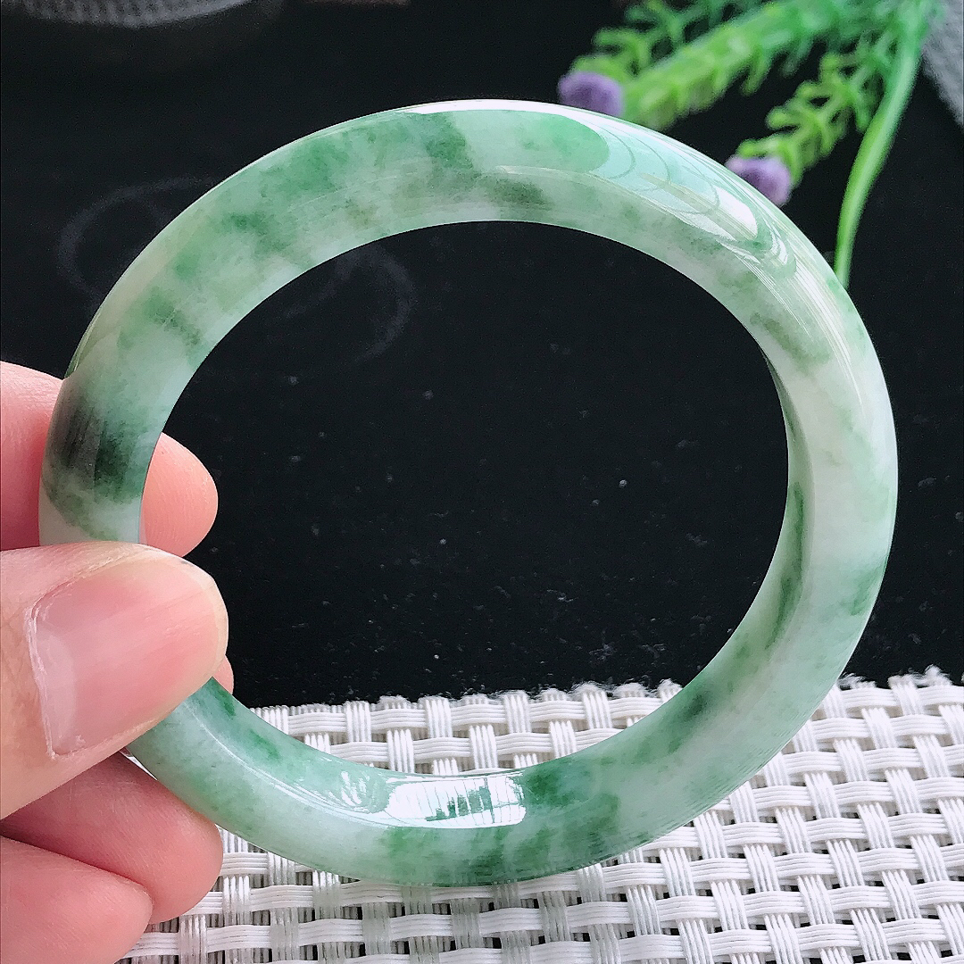 实拍天然翡翠57/10.1/8.5老坑精美冰润飘花手镯翡翠玉镯手环