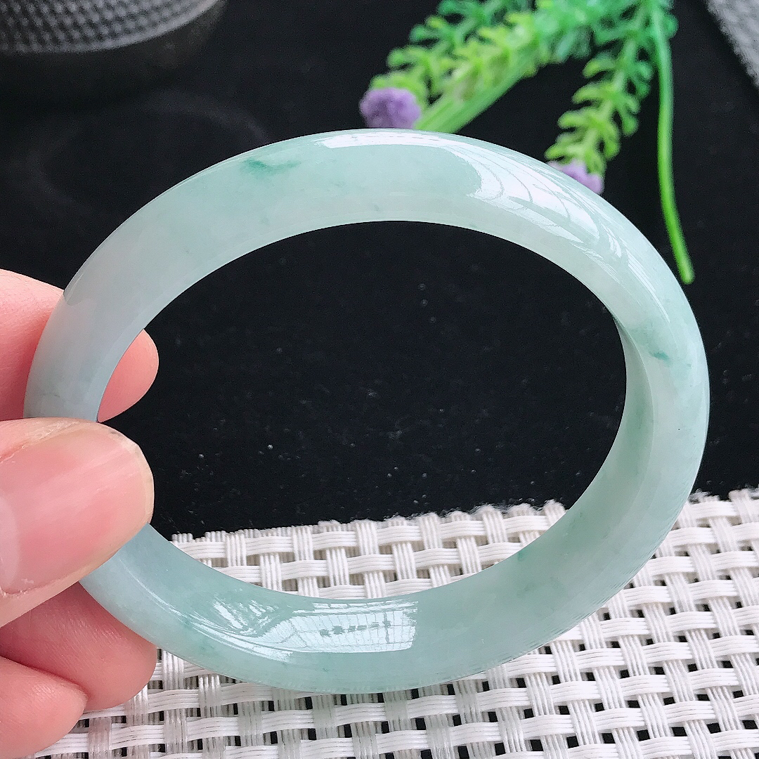 实拍天然翡翠57/50/12.9/7.6老坑冰润天空蓝飘花贵妃手镯翡翠玉镯手环